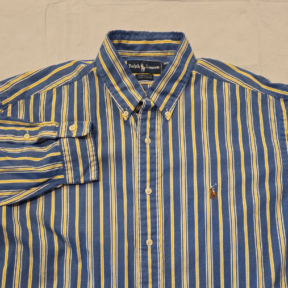 Ralph Lauren Blue Yellow Stripe Men's Yarmouth Dress Shirt‎ 16.5/33